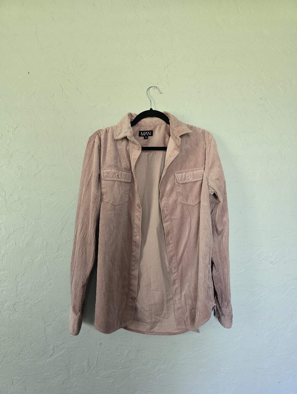 BoohooMAN pink corduroy button-up shirt Small